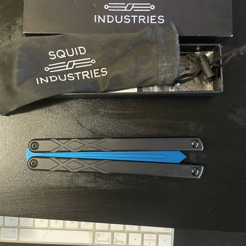 Squid Industries Swordfish Black Handle Blue Blade Balisong Trainer